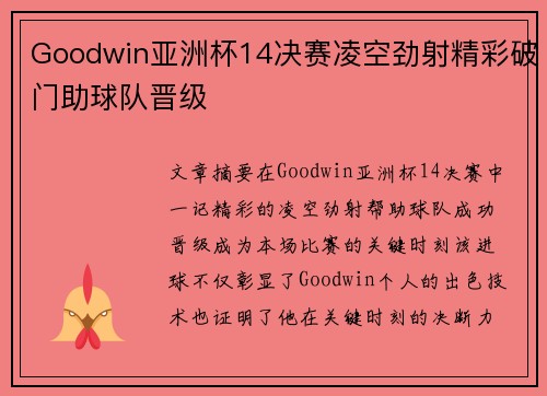 Goodwin亚洲杯14决赛凌空劲射精彩破门助球队晋级